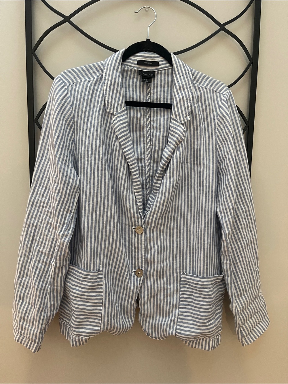 Tahari Blue and White Striped Linen-Blend Blazer